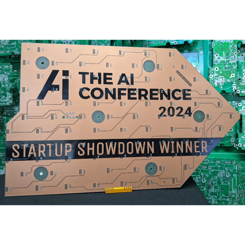 Award for Startup Showdown Winner at The AI Conference 2024 on a circuit board background