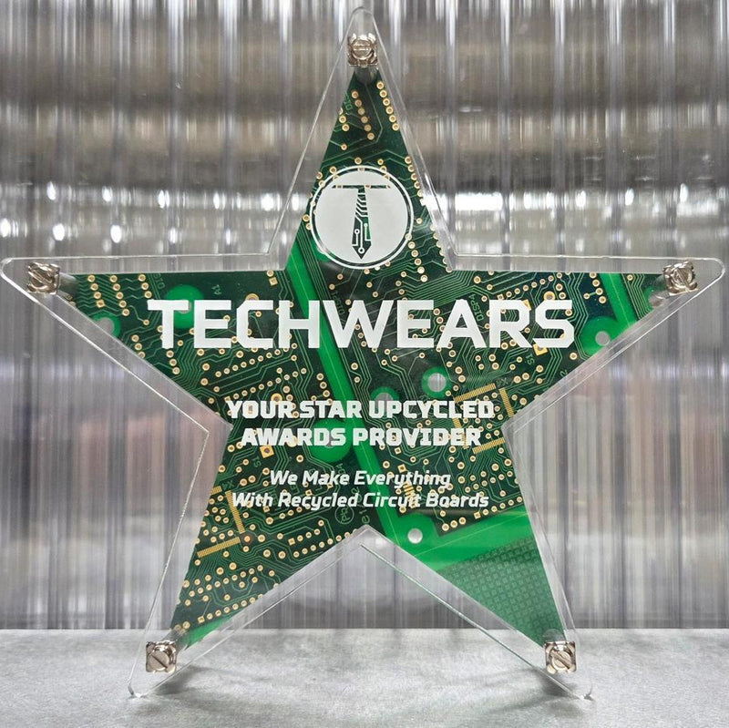 Star-shaped award made from recycled circuit boards with 'TechWears' branding.