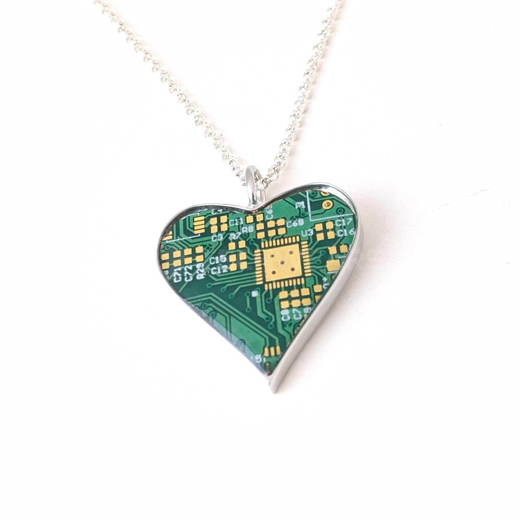 Circuit Board Heart Pendant with Silver Chain | 100 Circuit Board Heart Pendant with Silver Chain | 100